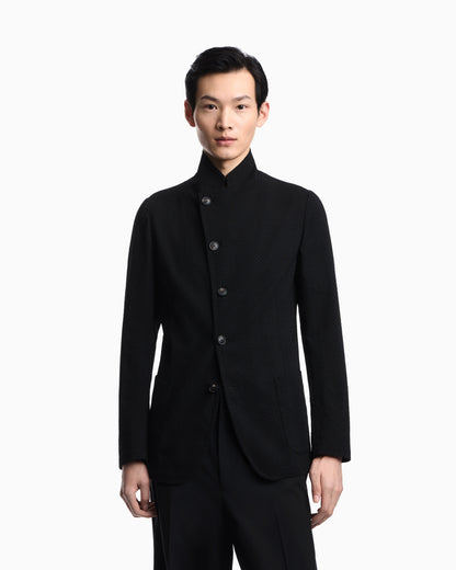 Guru collar jacket with off-centre fastening in 3D chevron virgin wool