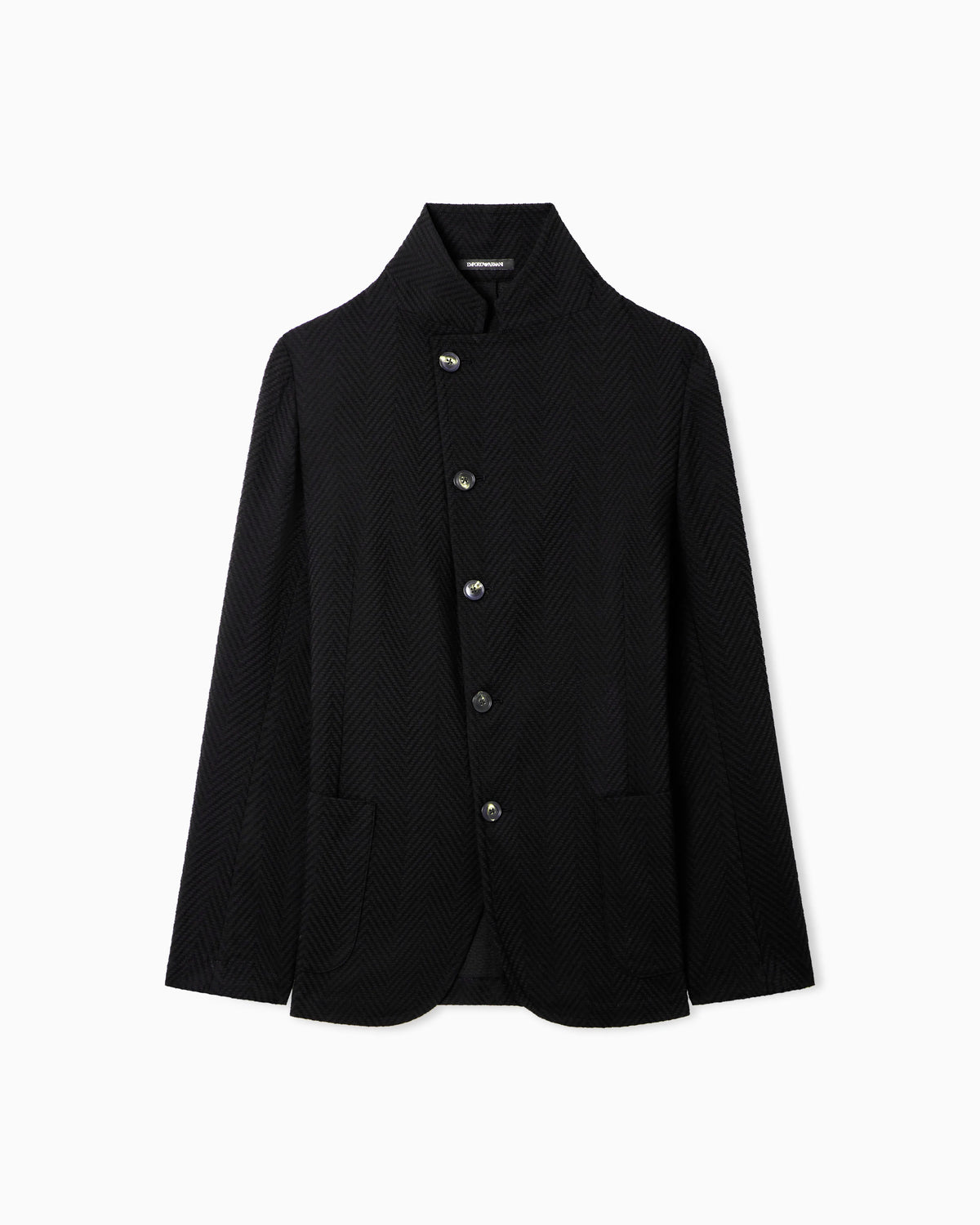 Guru collar jacket with off-centre fastening in 3D chevron virgin wool