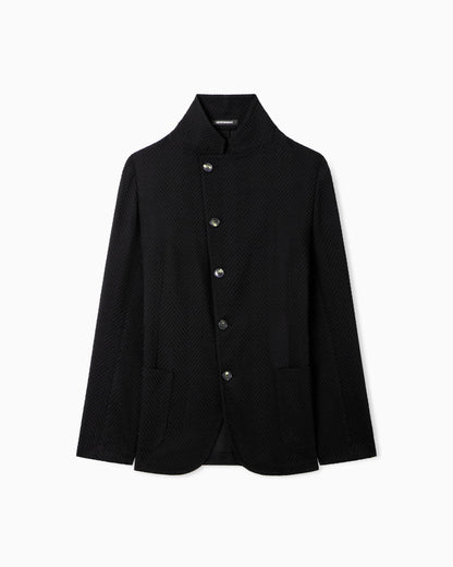 Guru collar jacket with off-centre fastening in 3D chevron virgin wool