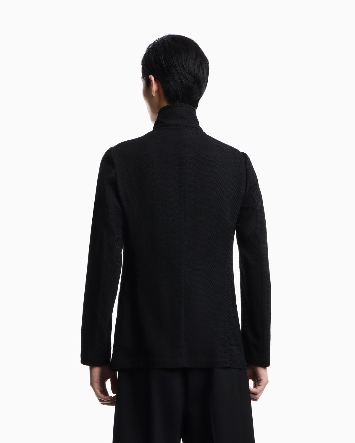 Guru collar jacket with off-centre fastening in 3D chevron virgin wool