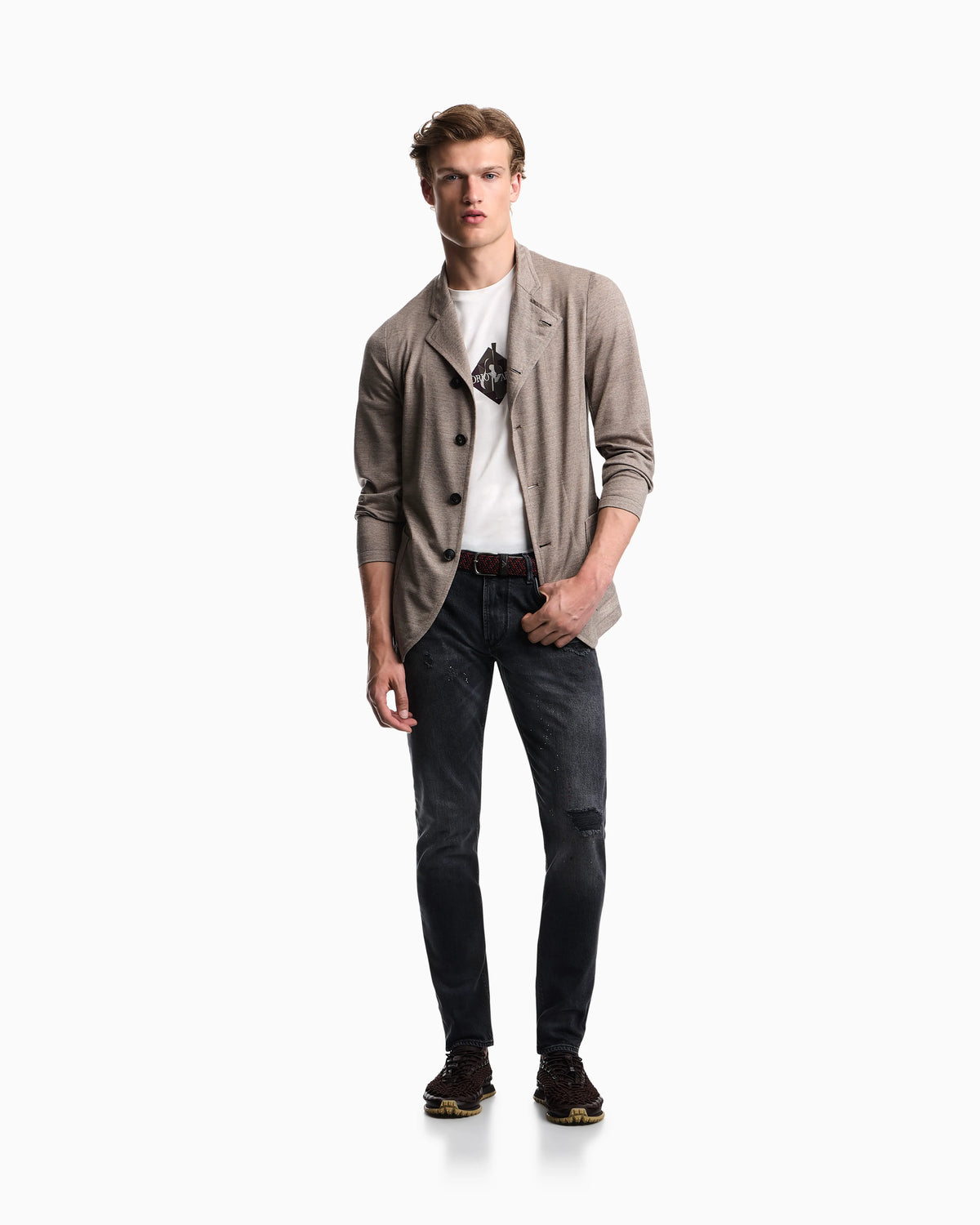 Unlined blazer in textured virgin wool jersey with pockets