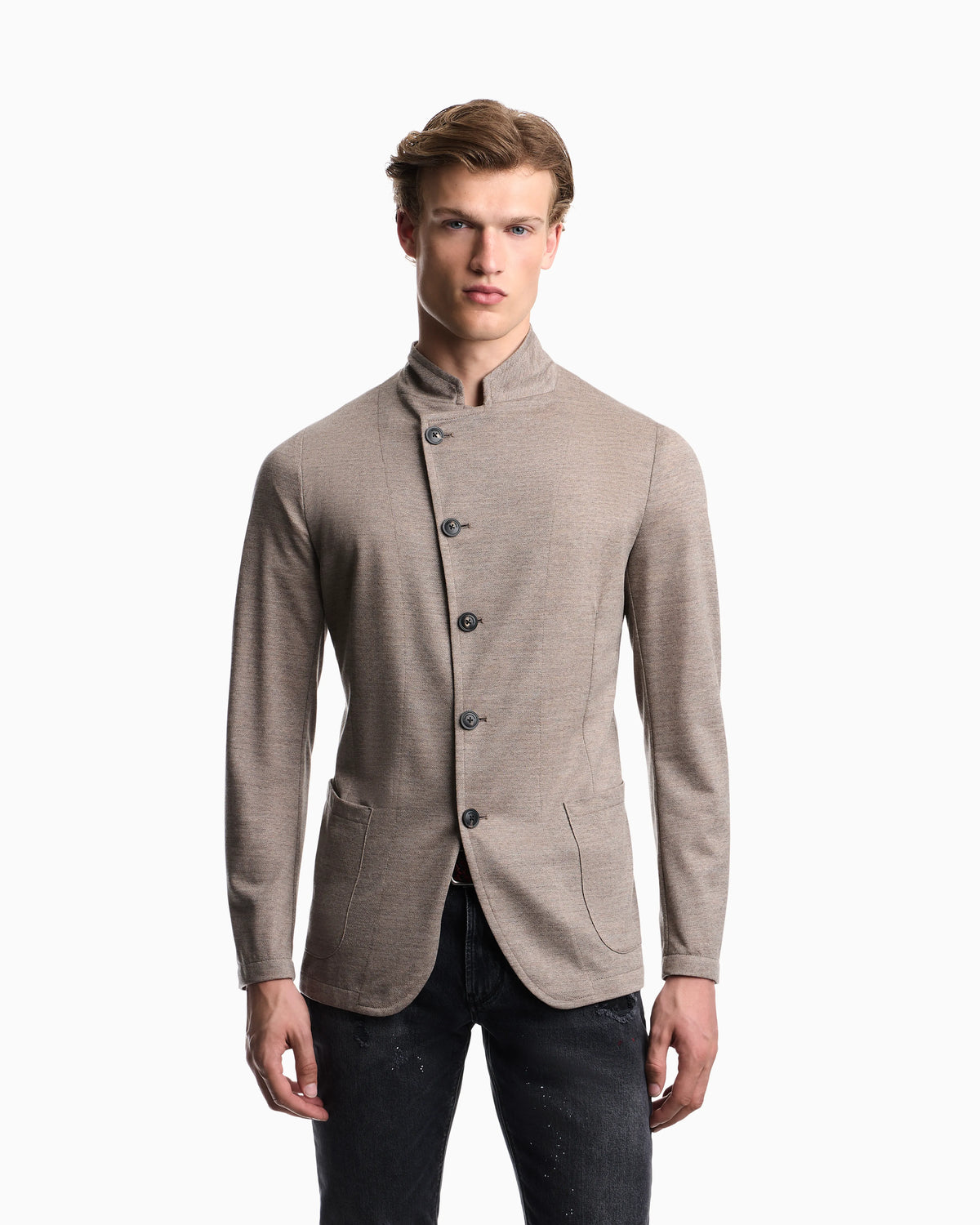 Unlined blazer in textured virgin wool jersey with pockets