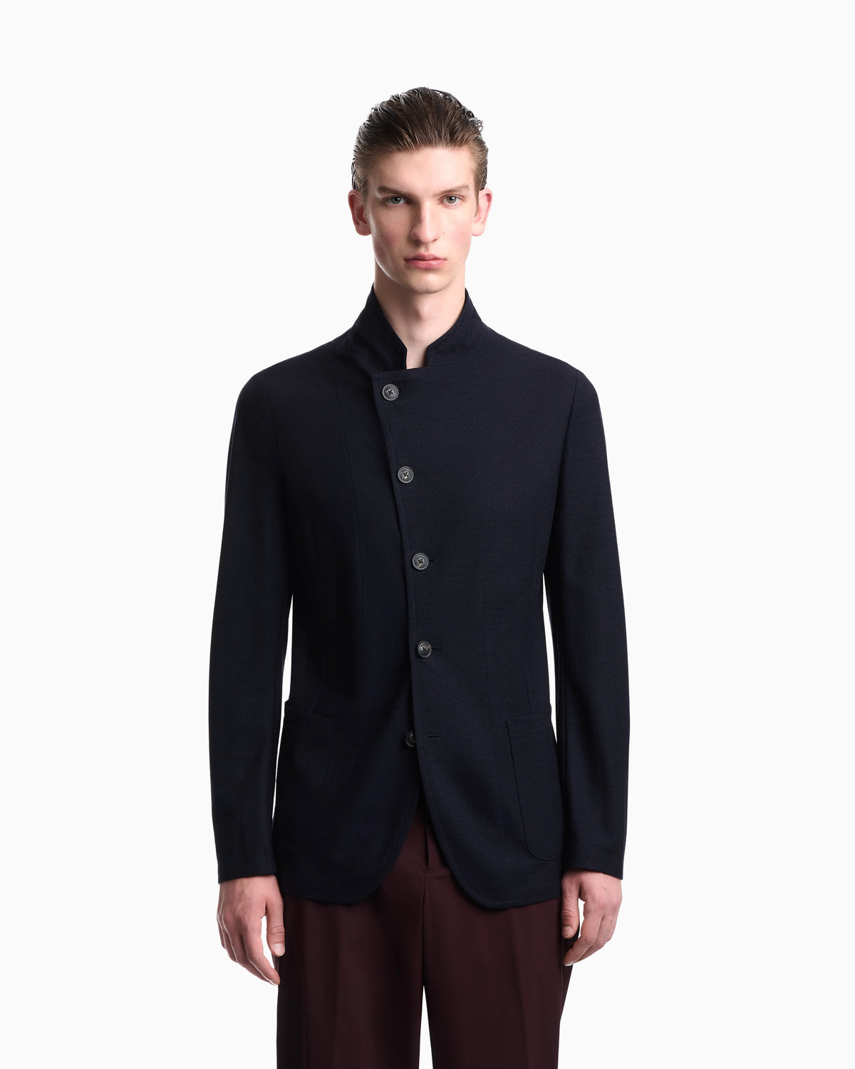 Unlined blazer in textured virgin wool jersey with pockets