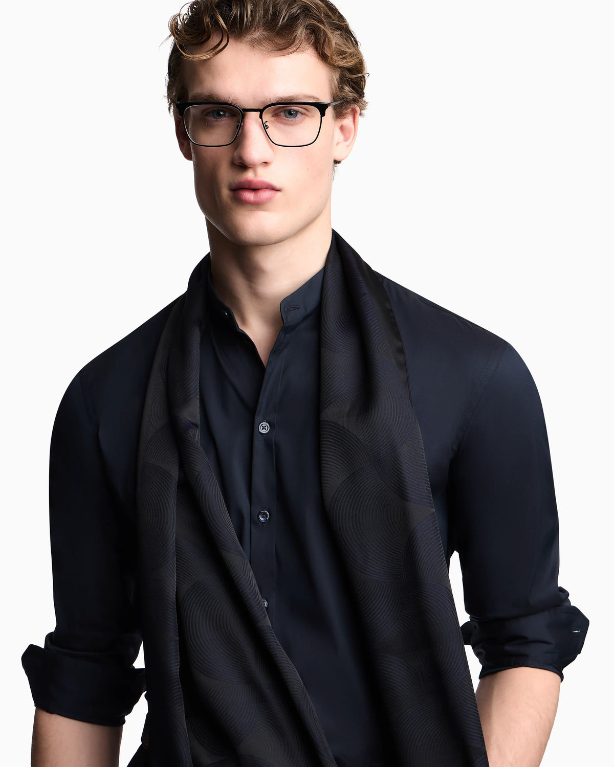 Shirt with guru collar in technical stretch cotton