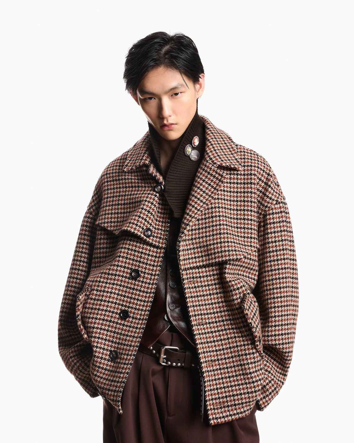 Caban coat in houndstooth virgin wool with a ribbed collar