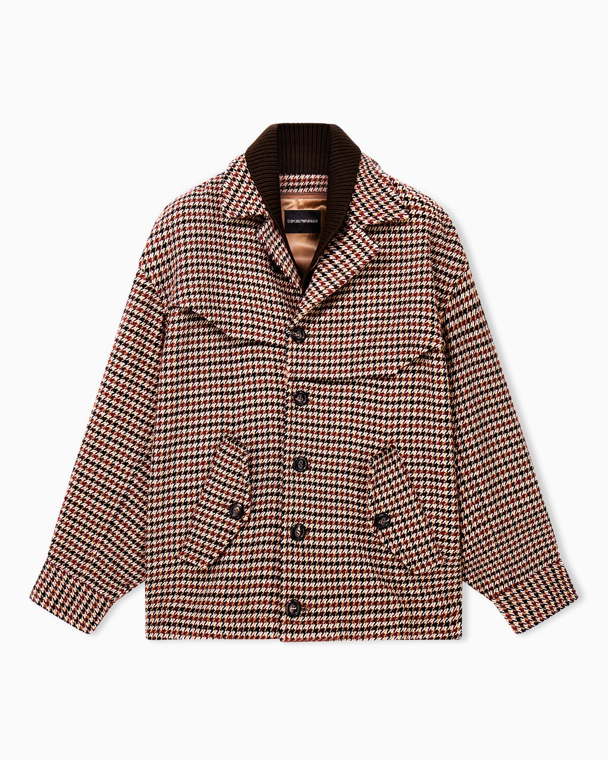 Caban coat in houndstooth virgin wool with a ribbed collar