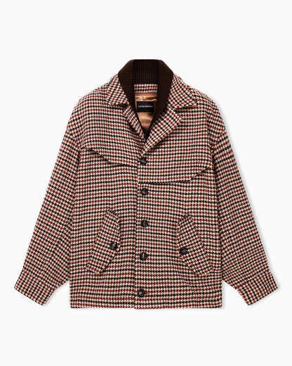 Caban coat in houndstooth virgin wool with a ribbed collar