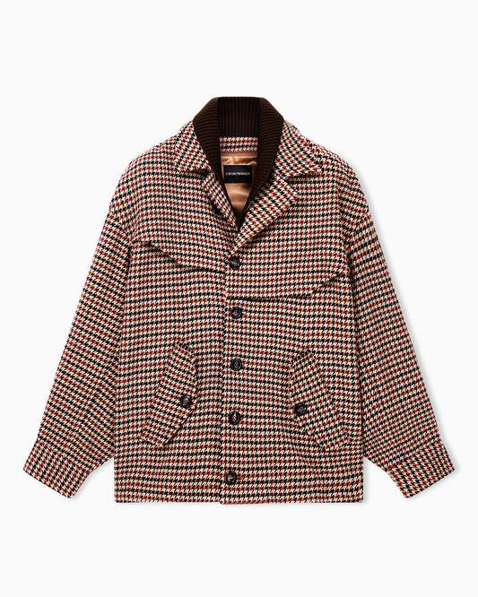 Caban coat in houndstooth virgin wool with a ribbed collar