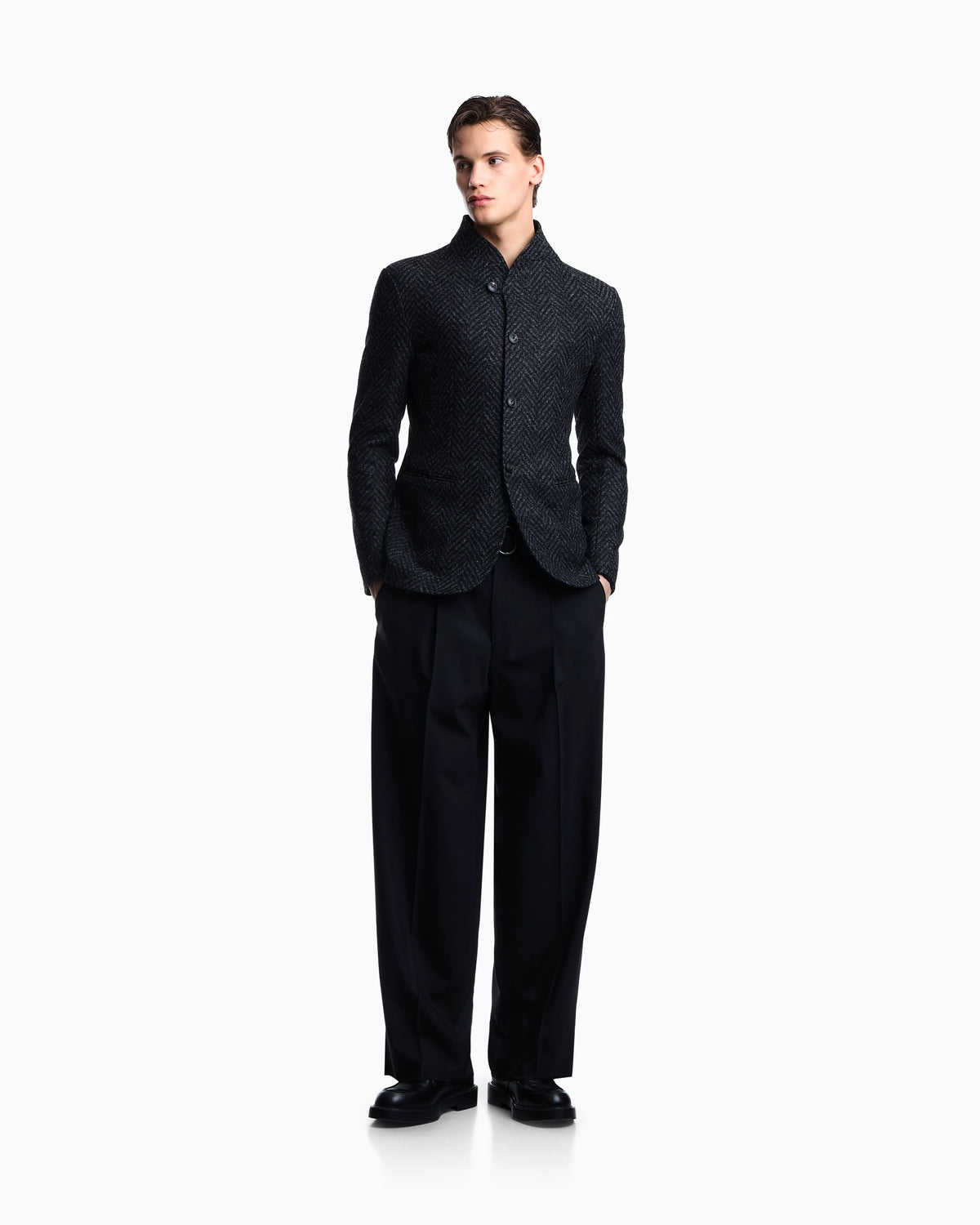 Guru-collar jacket in jacquard jersey with a chevron motif