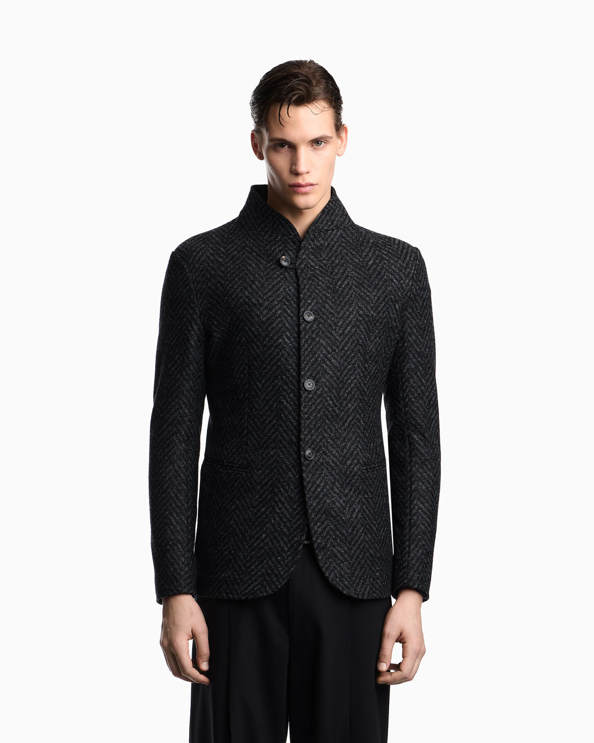 Guru-collar jacket in jacquard jersey with a chevron motif