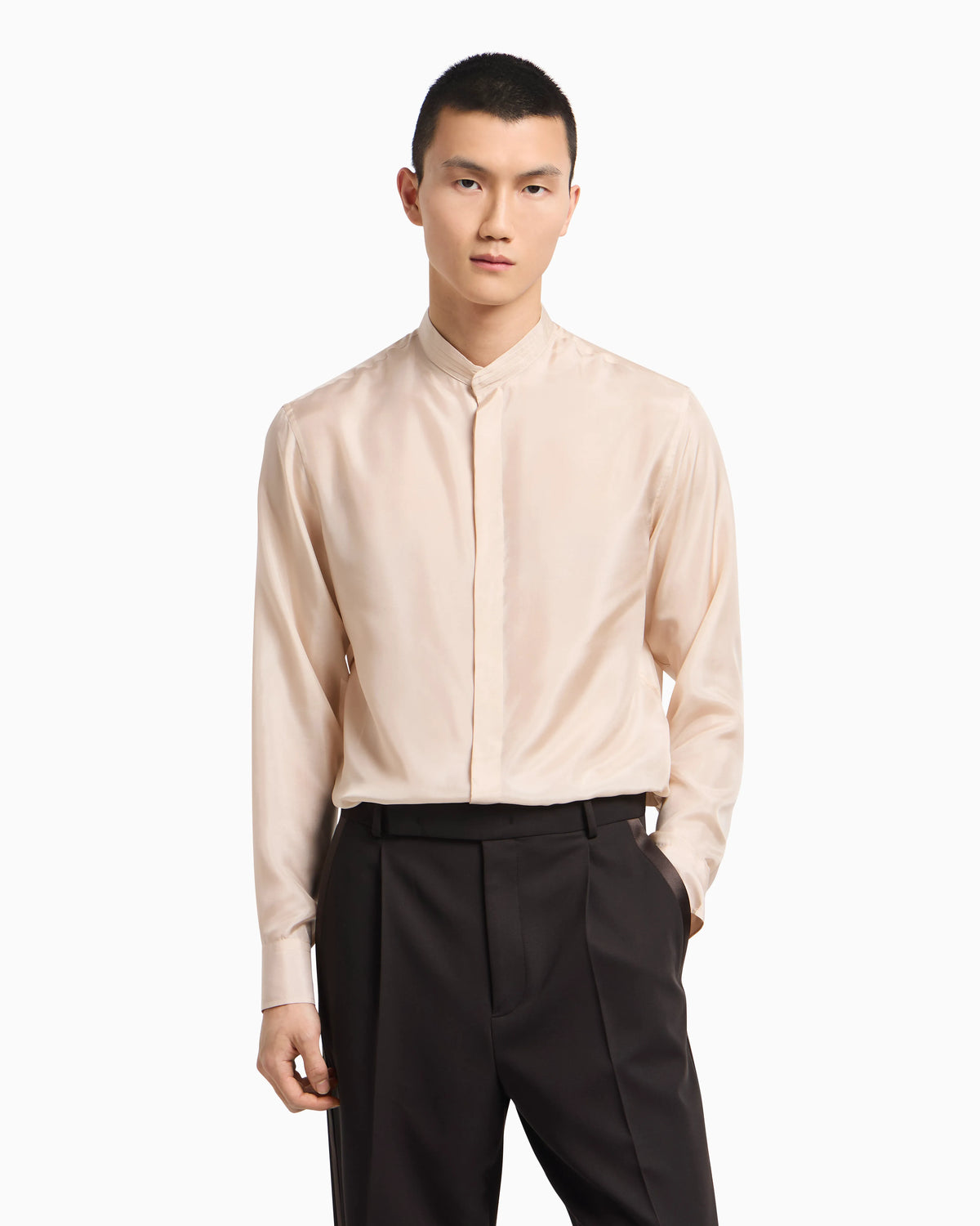 Pleated guru collar shirt in pure silk