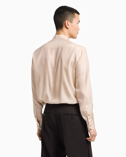 Pleated guru collar shirt in pure silk
