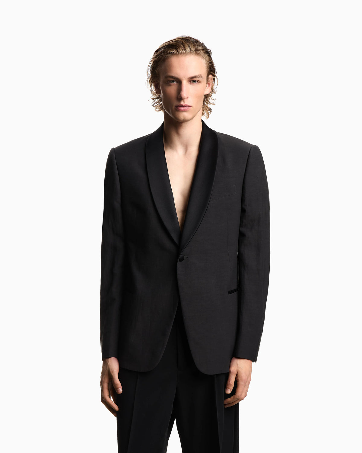 Single-breasted jacket in fil-a-fil linen blend fabric