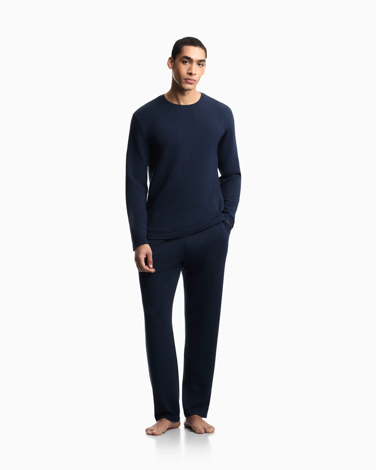 Long pyjama set with ribbed crew neck and winter stripe