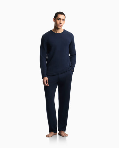 Long pyjama set with ribbed crew neck and winter stripe