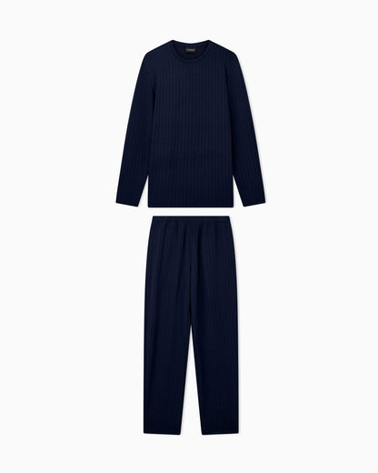 Long pyjama set with ribbed crew neck and winter stripe