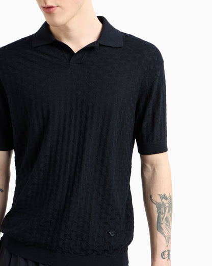 US Exclusive woven-effect virgin-wool jumper with a polo-shirt collar