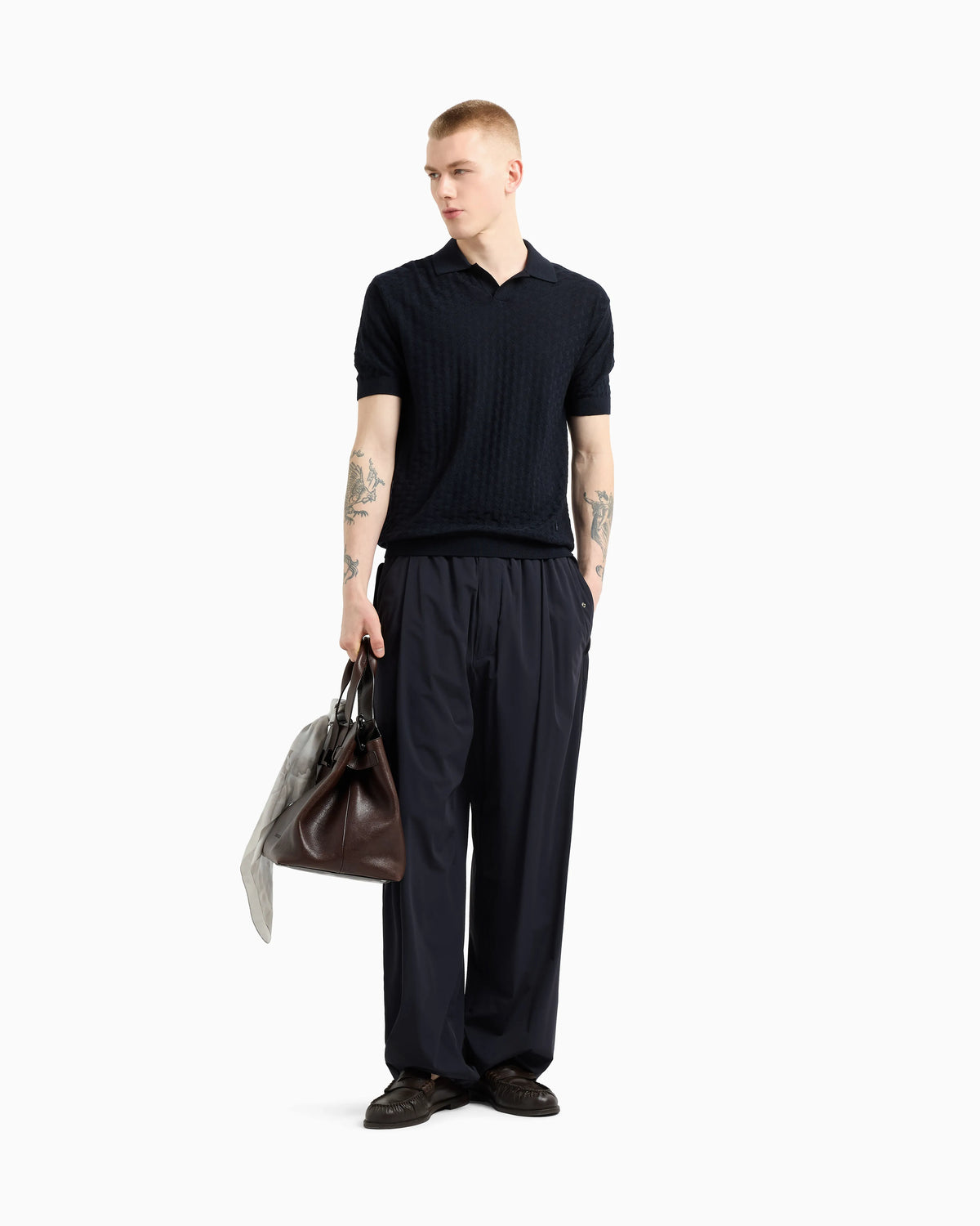 US Exclusive woven-effect virgin-wool jumper with a polo-shirt collar