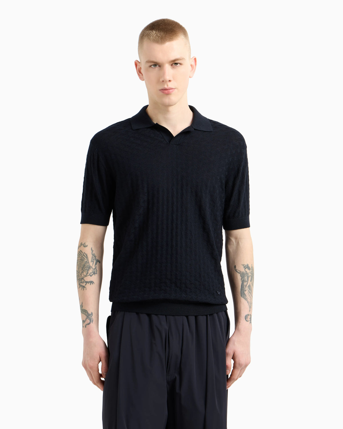 US Exclusive woven-effect virgin-wool jumper with a polo-shirt collar