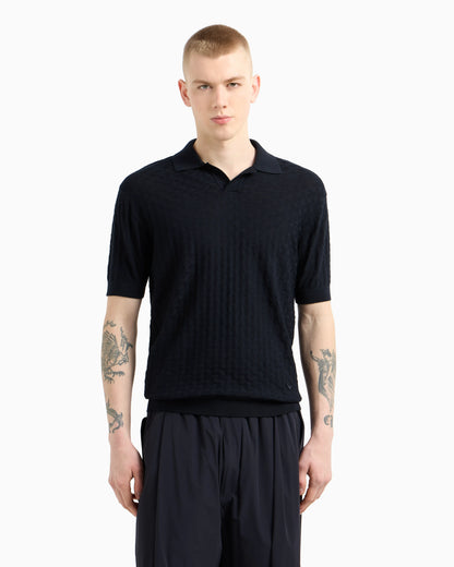 US Exclusive woven-effect virgin-wool jumper with a polo-shirt collar