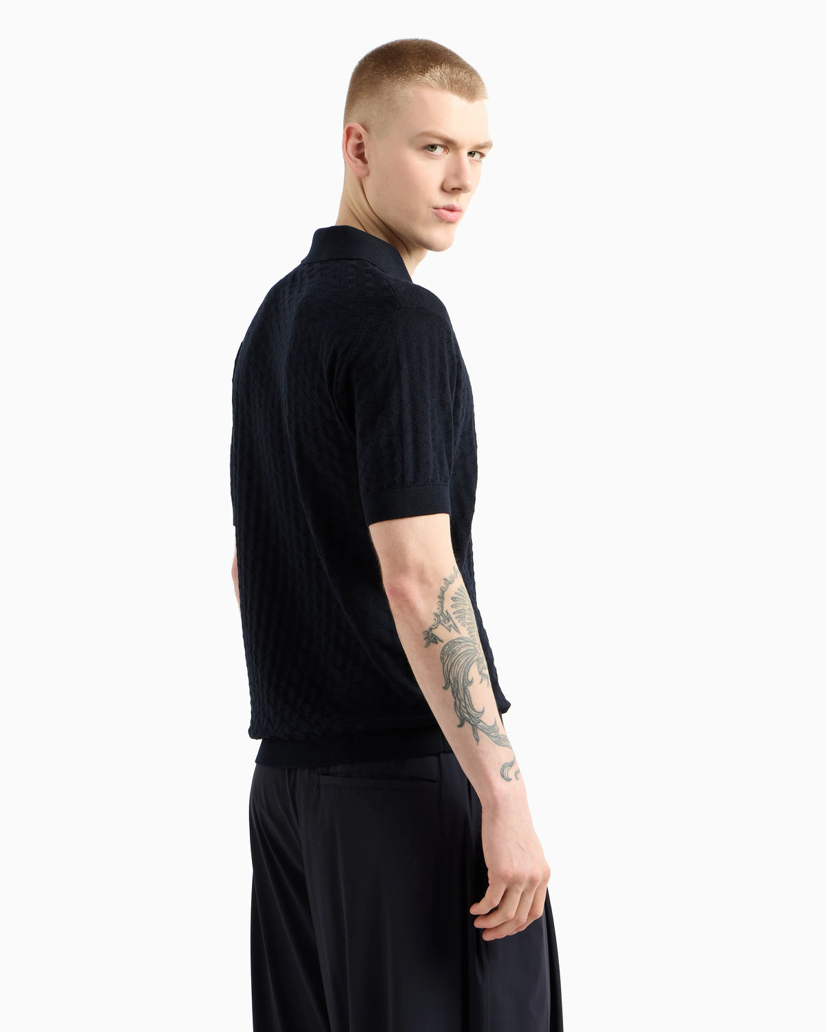 US Exclusive woven-effect virgin-wool jumper with a polo-shirt collar