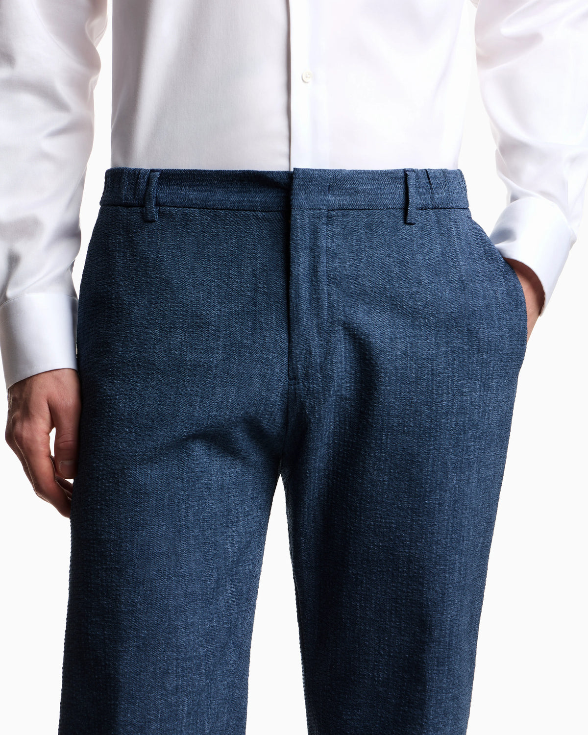 Printed seersucker fabric trousers