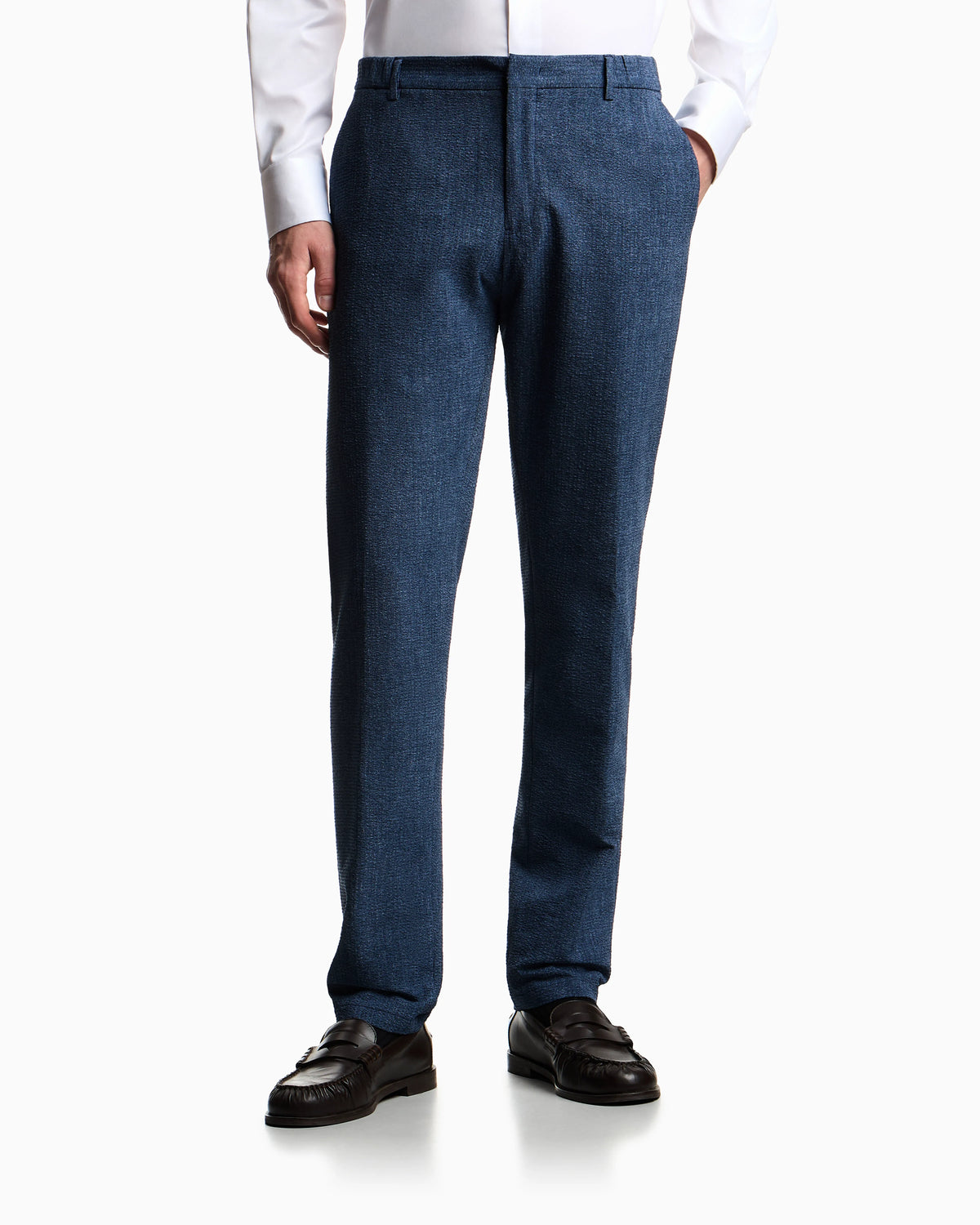 Printed seersucker fabric trousers