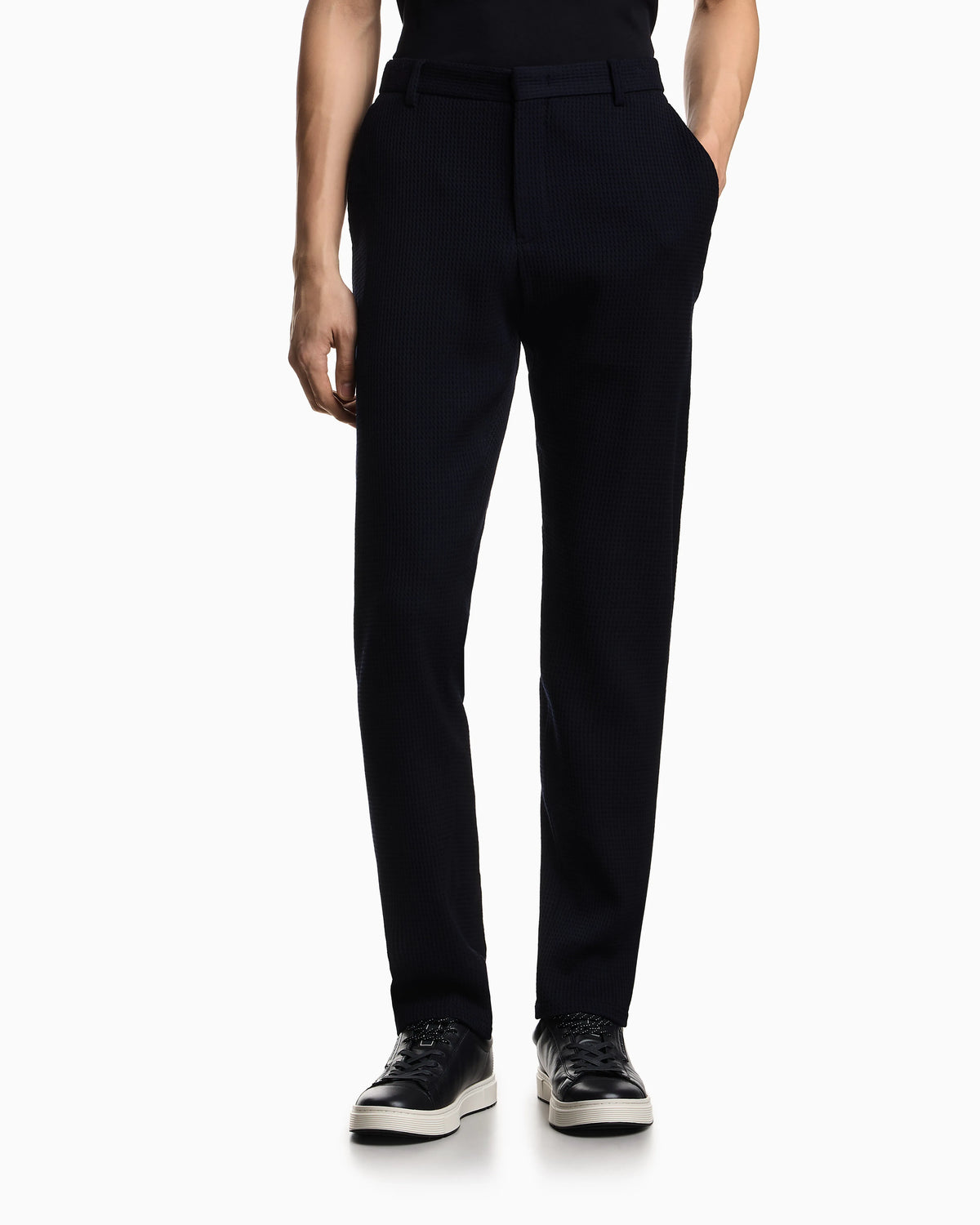 3D waffle-effect wool-jersey trousers