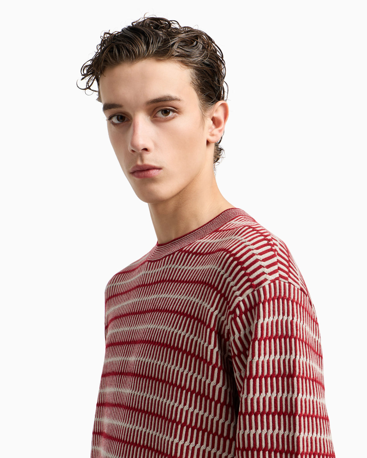 Two-tone embroidery-stitched jacquard virgin wool jumper