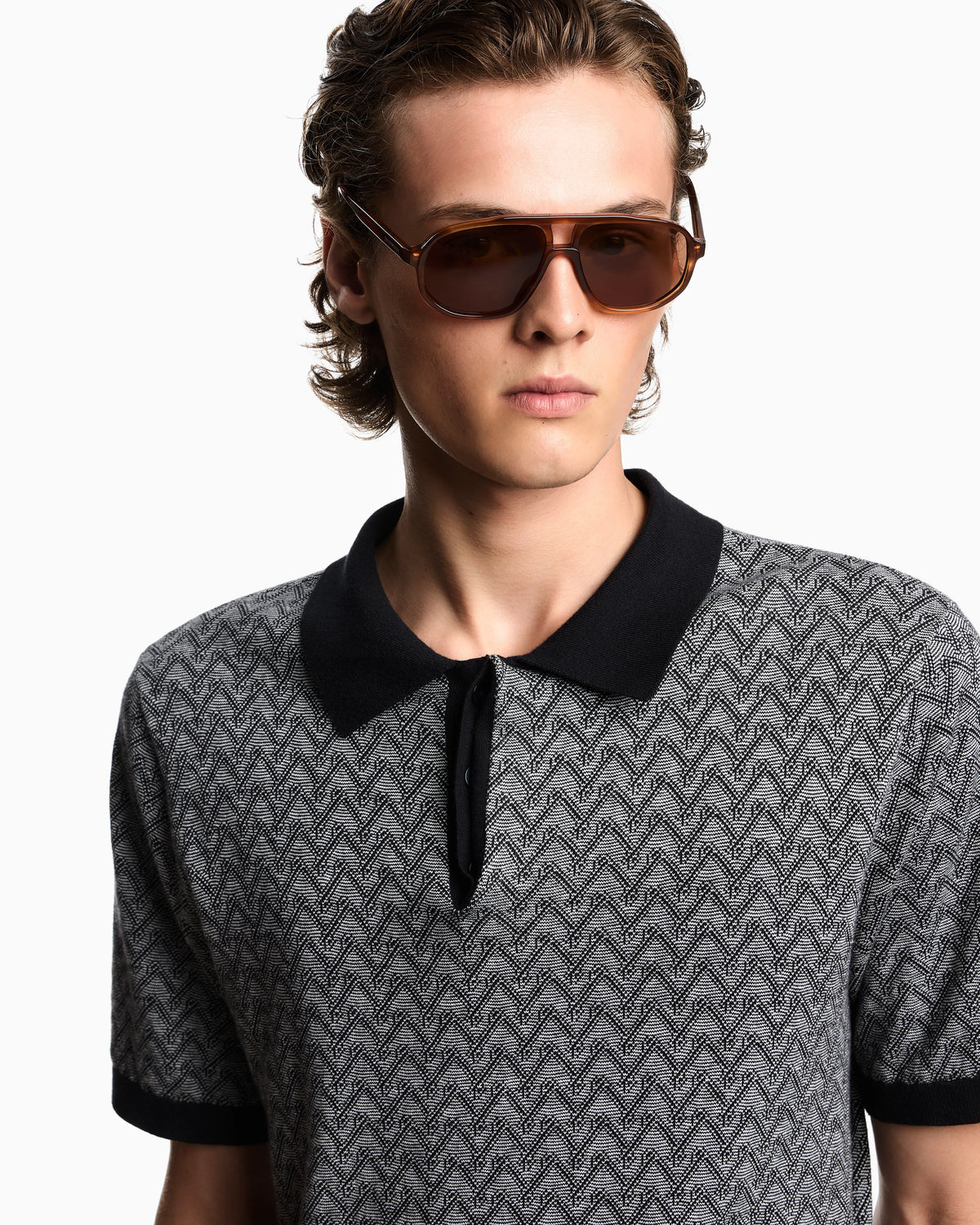 Icon polo-collar jumper in chevron-motif jacquard