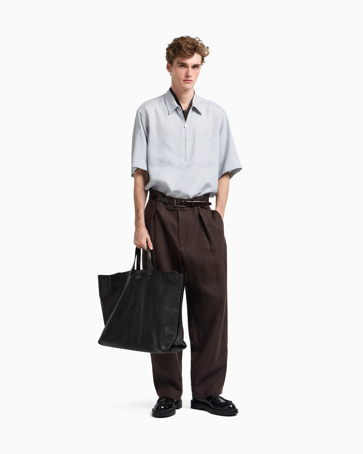 Pure linen shirt with partial zip