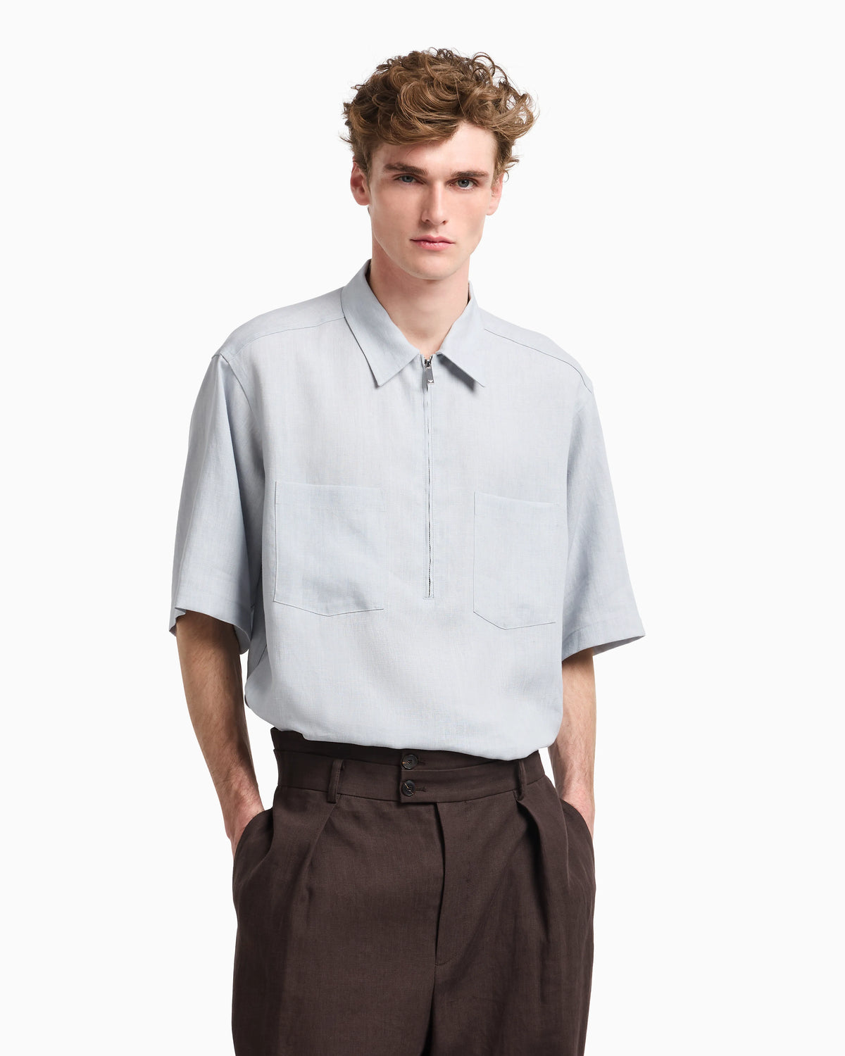 Pure linen shirt with partial zip