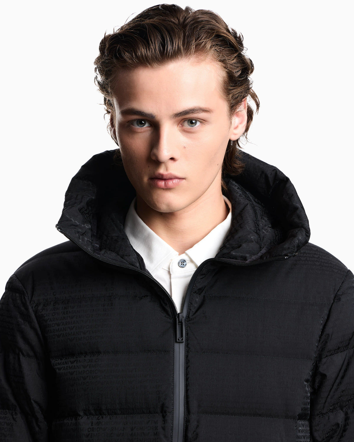 Hooded, quilted-nylon down jacket with jacquard logo lettering