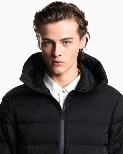Hooded, quilted-nylon down jacket with jacquard logo lettering