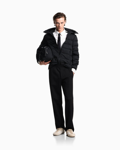 Hooded, quilted-nylon down jacket with jacquard logo lettering