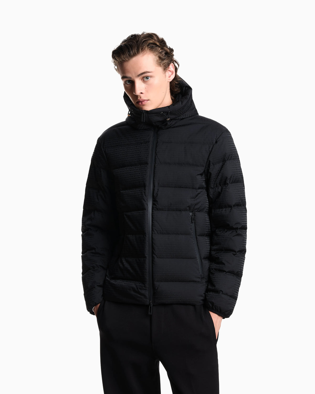 Hooded, quilted-nylon down jacket with jacquard logo lettering