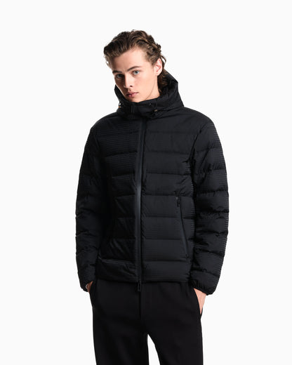 Hooded, quilted-nylon down jacket with jacquard logo lettering
