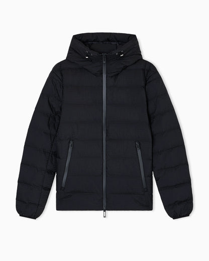Hooded, quilted-nylon down jacket with jacquard logo lettering
