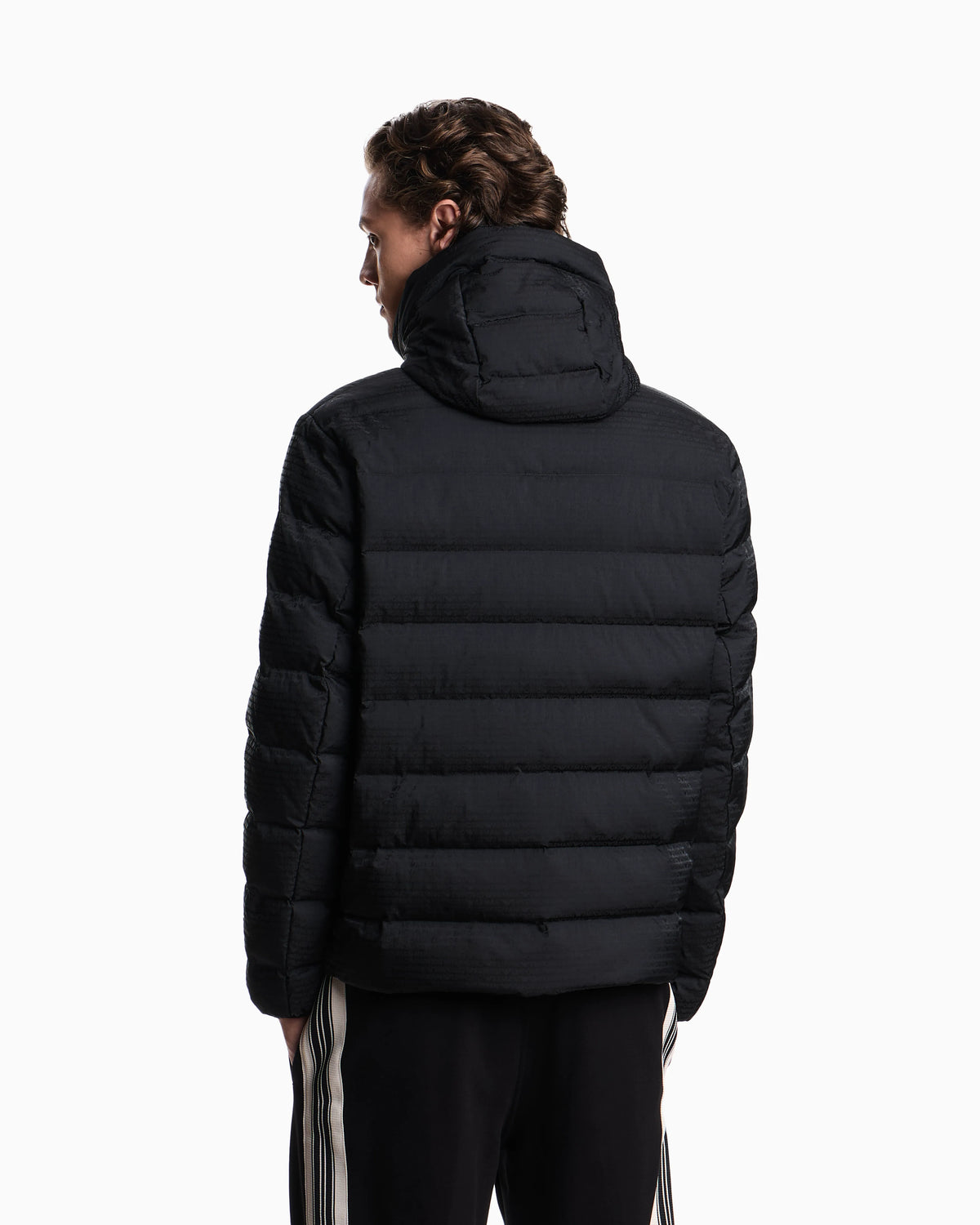 Hooded, quilted-nylon down jacket with jacquard logo lettering