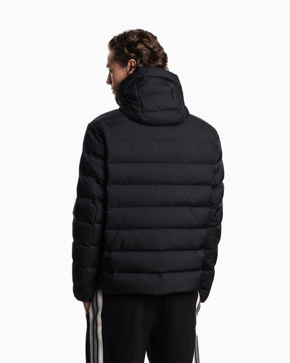 Hooded, quilted-nylon down jacket with jacquard logo lettering