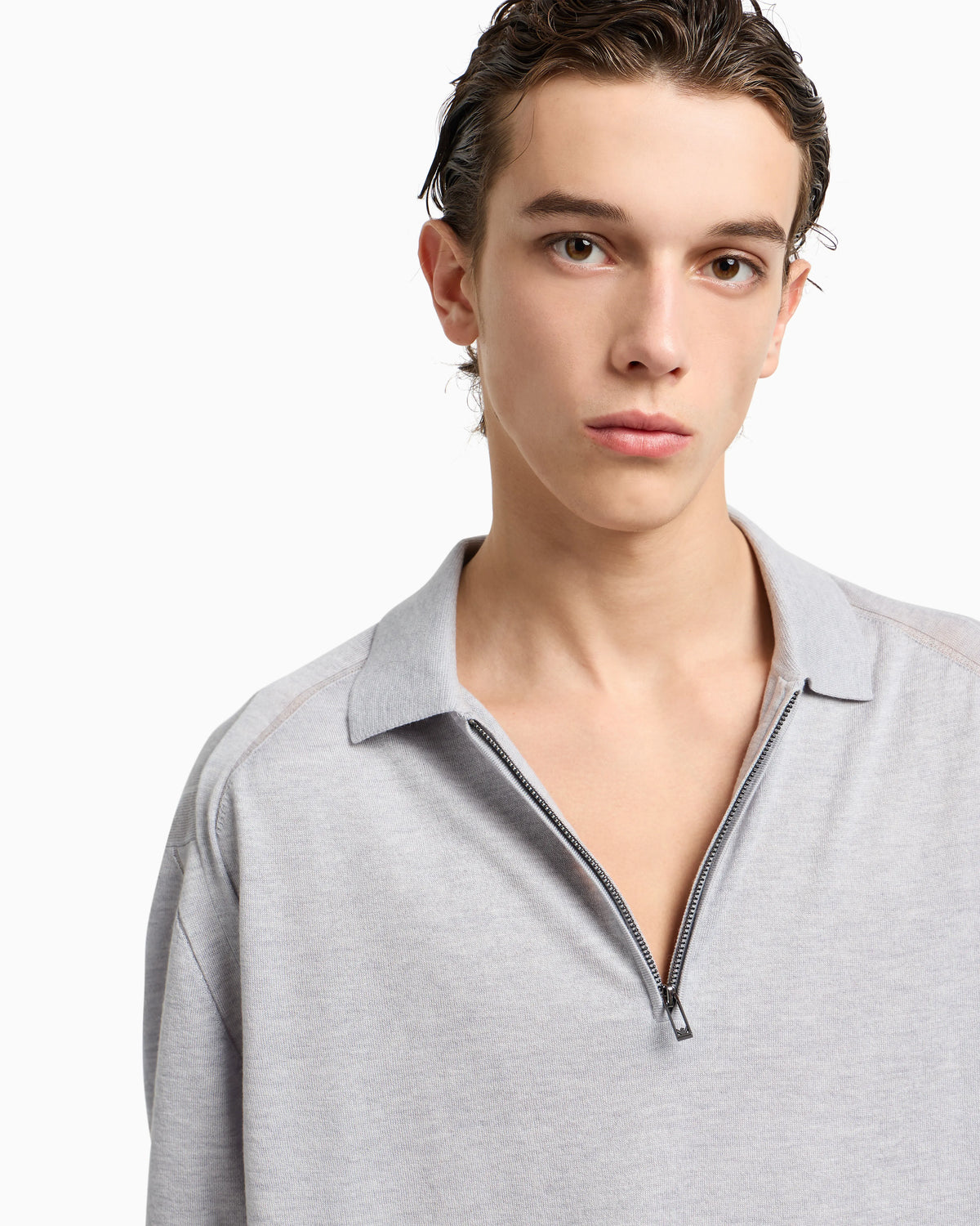 ASV plain-knit jumper with polo-shirt collar, in a wool and Lyocell blend