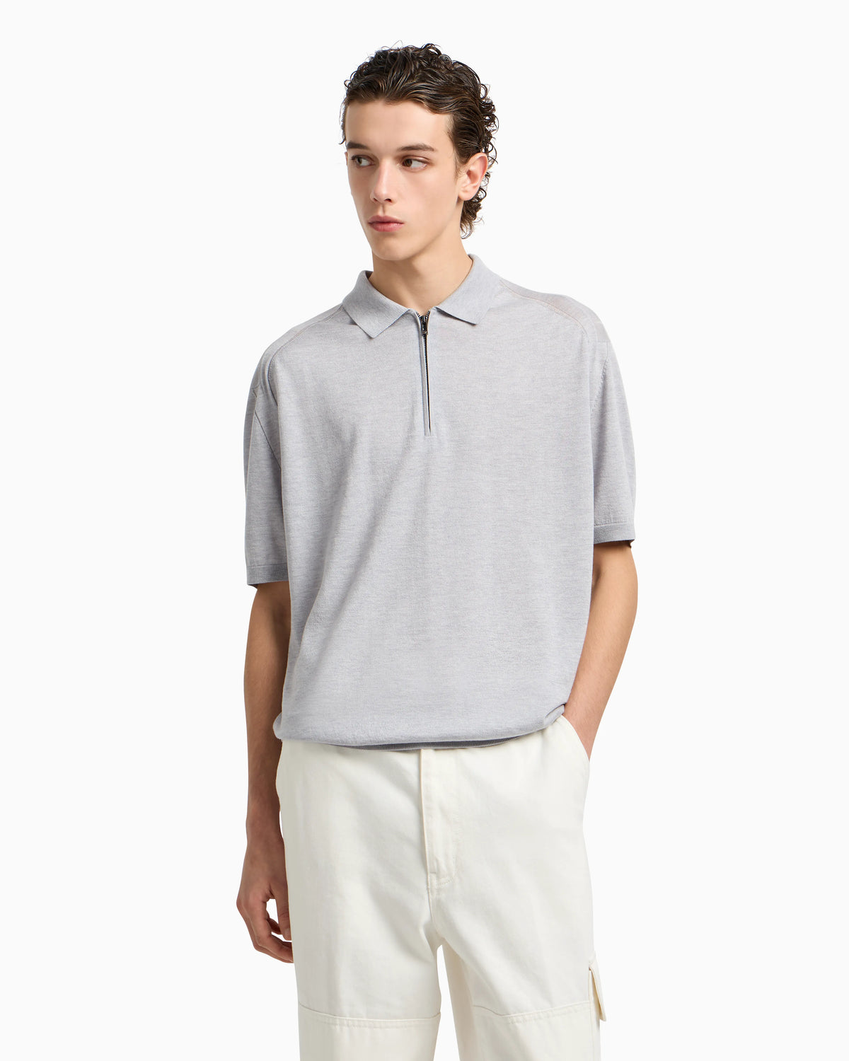 ASV plain-knit jumper with polo-shirt collar, in a wool and Lyocell blend