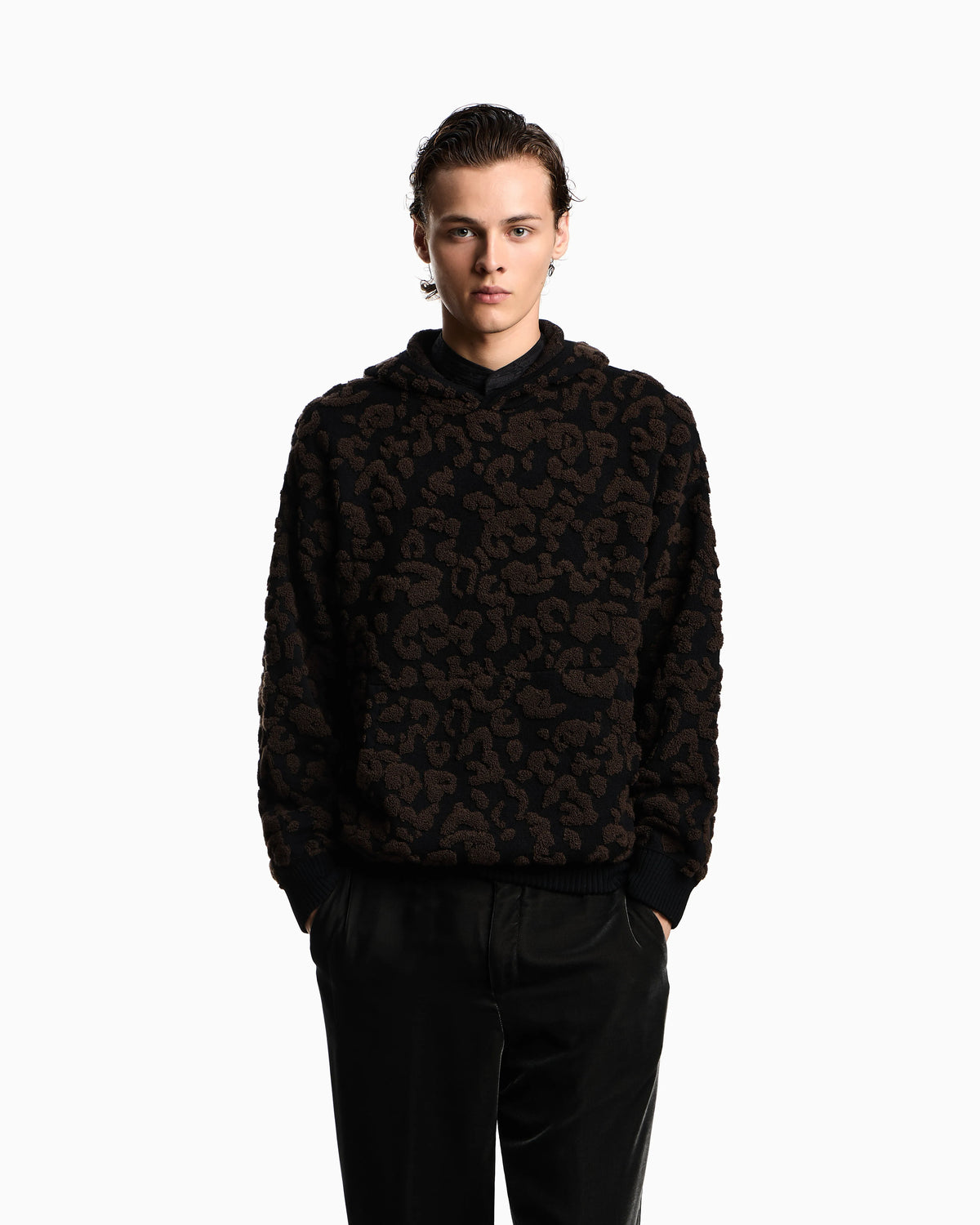 Leopard jacquard virgin wool hooded jumper