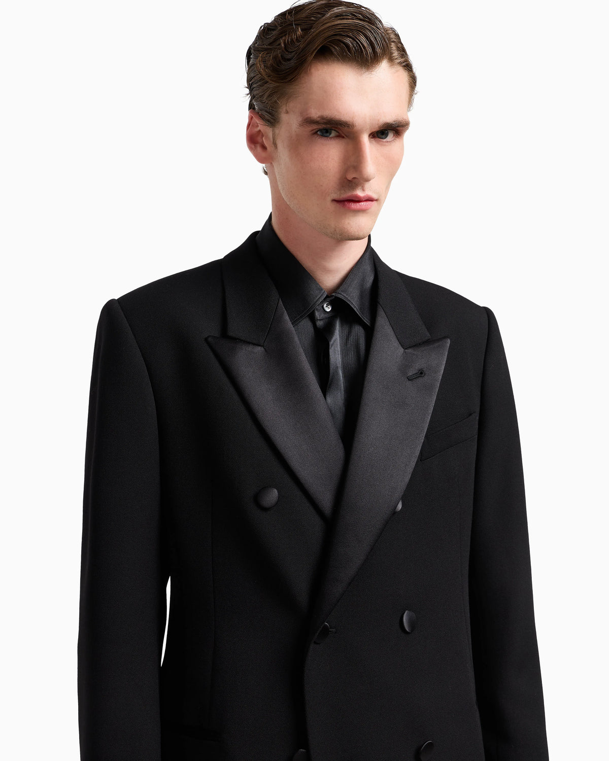 Double-breasted coat in granular virgin wool with satin details
