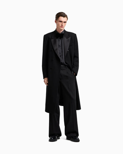 Double-breasted coat in granular virgin wool with satin details