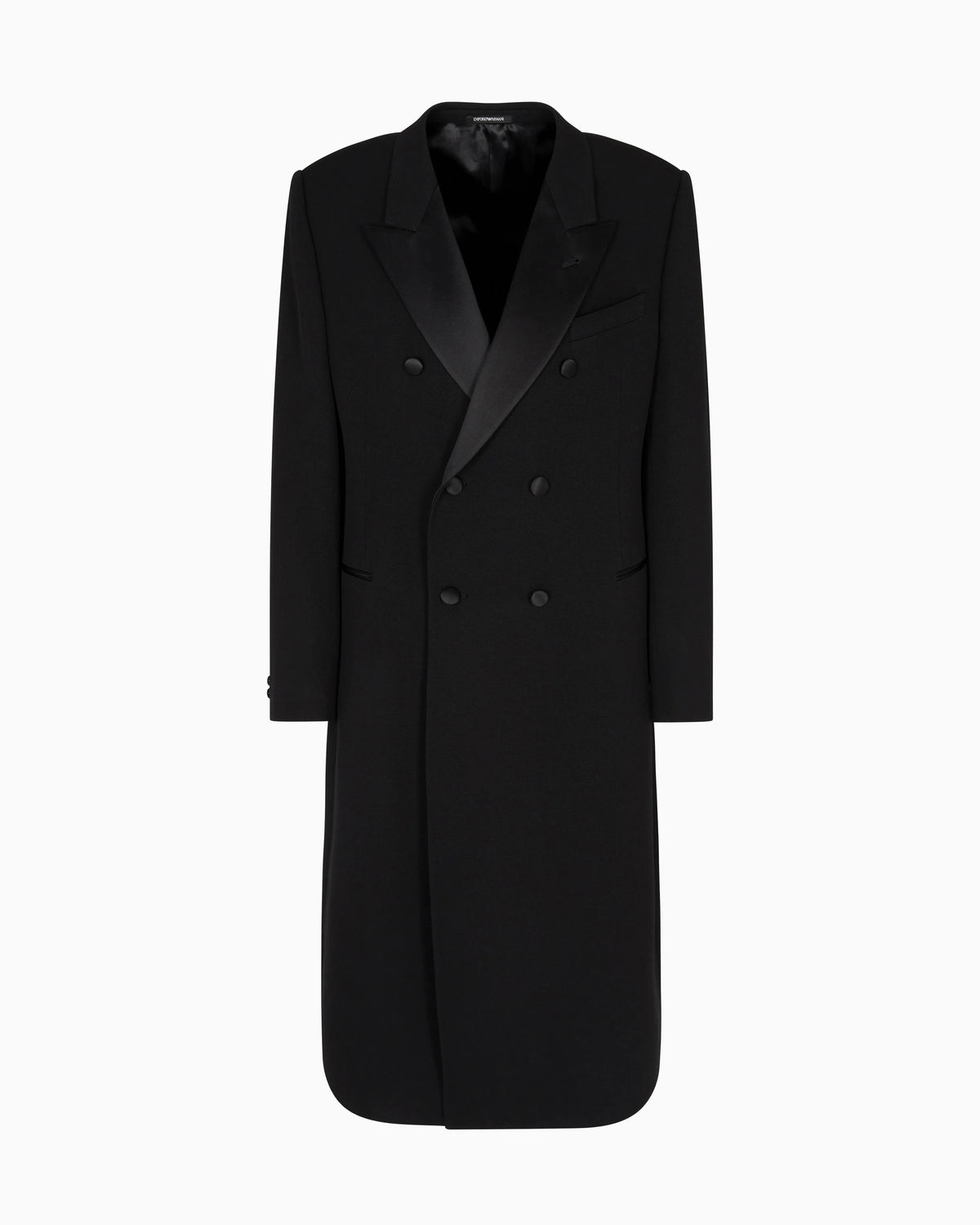 Double-breasted coat in granular virgin wool with satin details