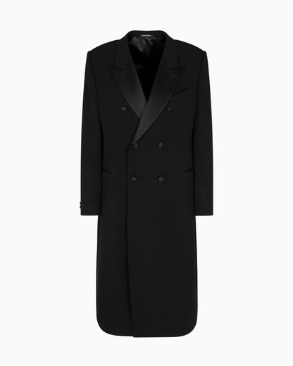 Double-breasted coat in granular virgin wool with satin details