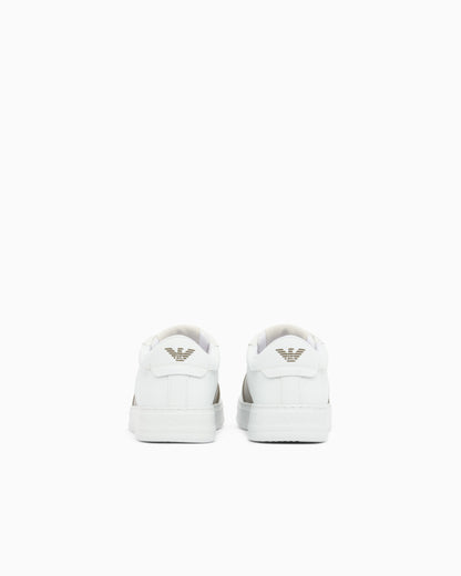 Leather sneakers with an embossed logo and contrasting panel