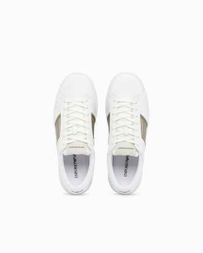 Leather sneakers with an embossed logo and contrasting panel