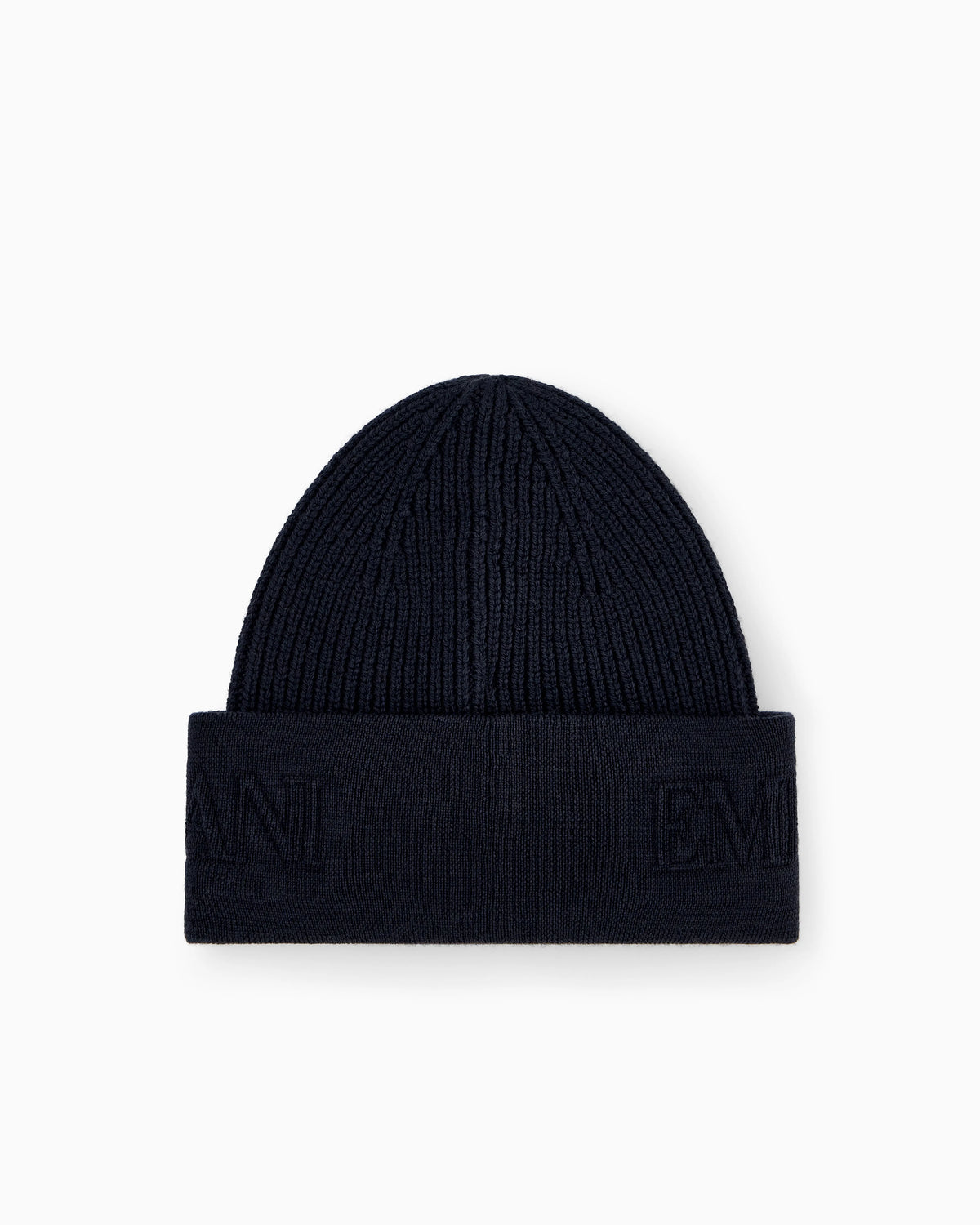 Beanie hat in ribbed virgin wool with embossed logo on cuff